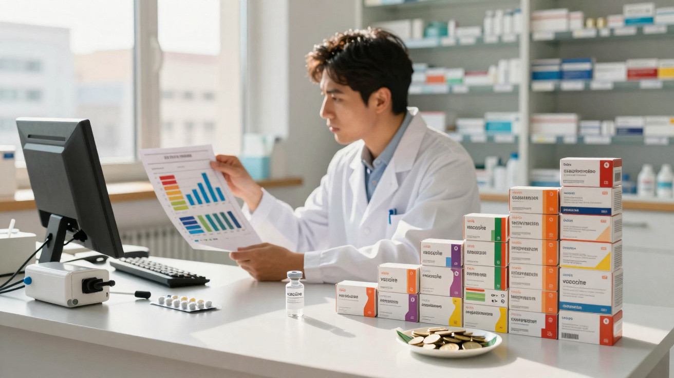 Farmacêutico em bata branca analisa gráfico no computador com várias embalagens de medicamentos e ampolas na bancada.