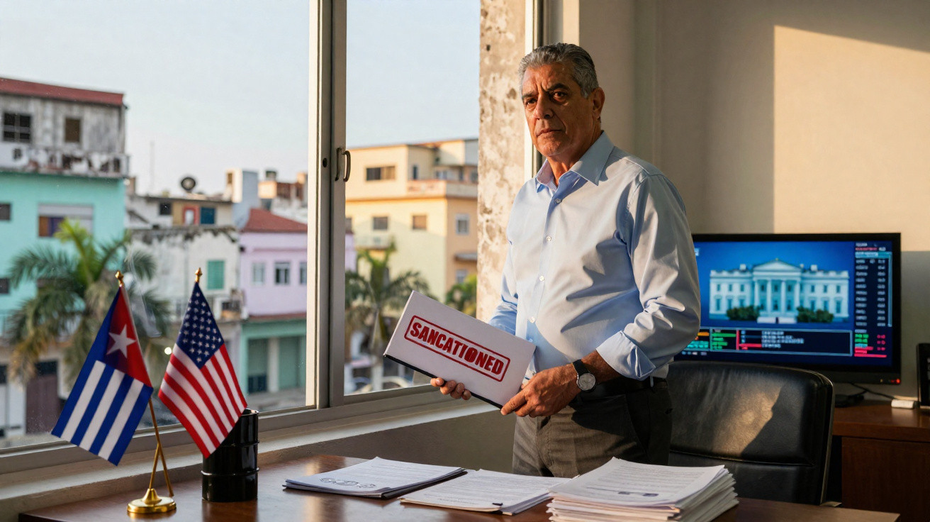 Homem sério numa sala de escritório, segurando pasta com selo "sanctioned", bandeiras de Cuba e EUA na secretária.