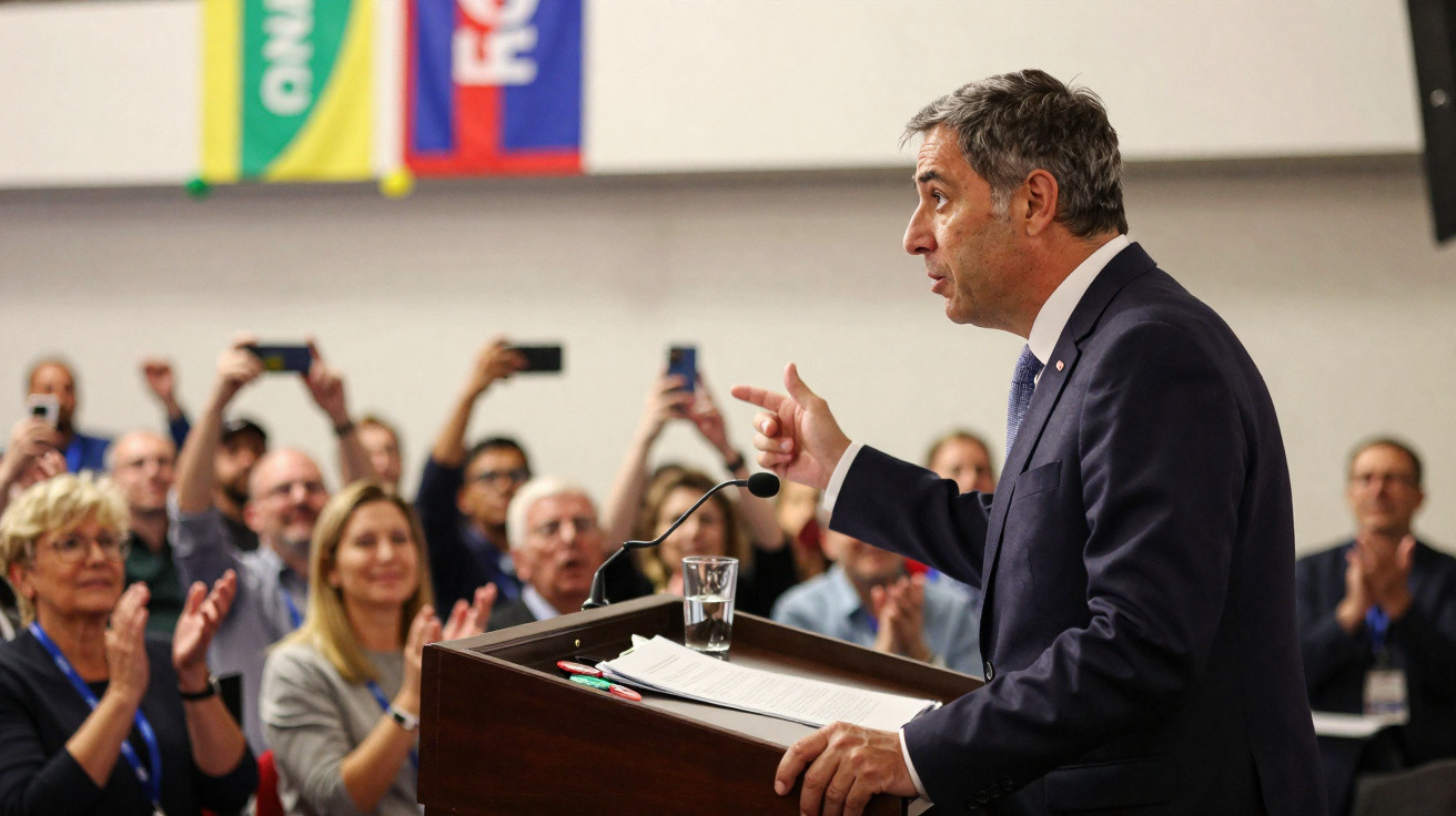 Homem de fato a discursar num púlpito perante uma audiência que aplaude e grava com telemóveis.