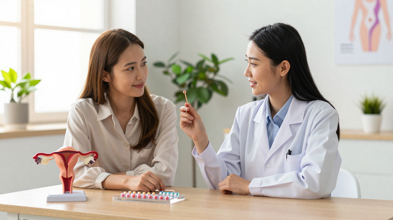 Médica a explicar métodos contraceptivos a mulher, com modelo de útero e pilhas anticoncecionais na mesa.