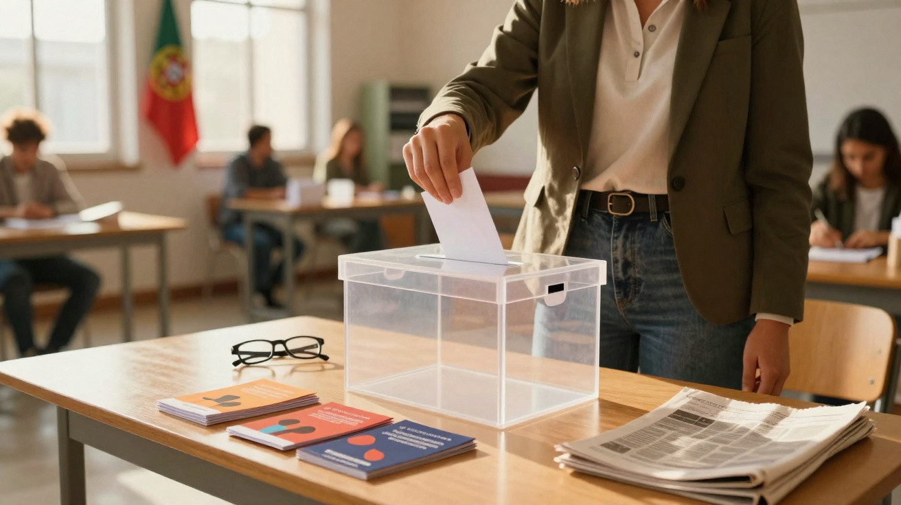 Pessoa a votar numa urna transparente numa sala com bandeira de Portugal e pessoas sentadas ao fundo.