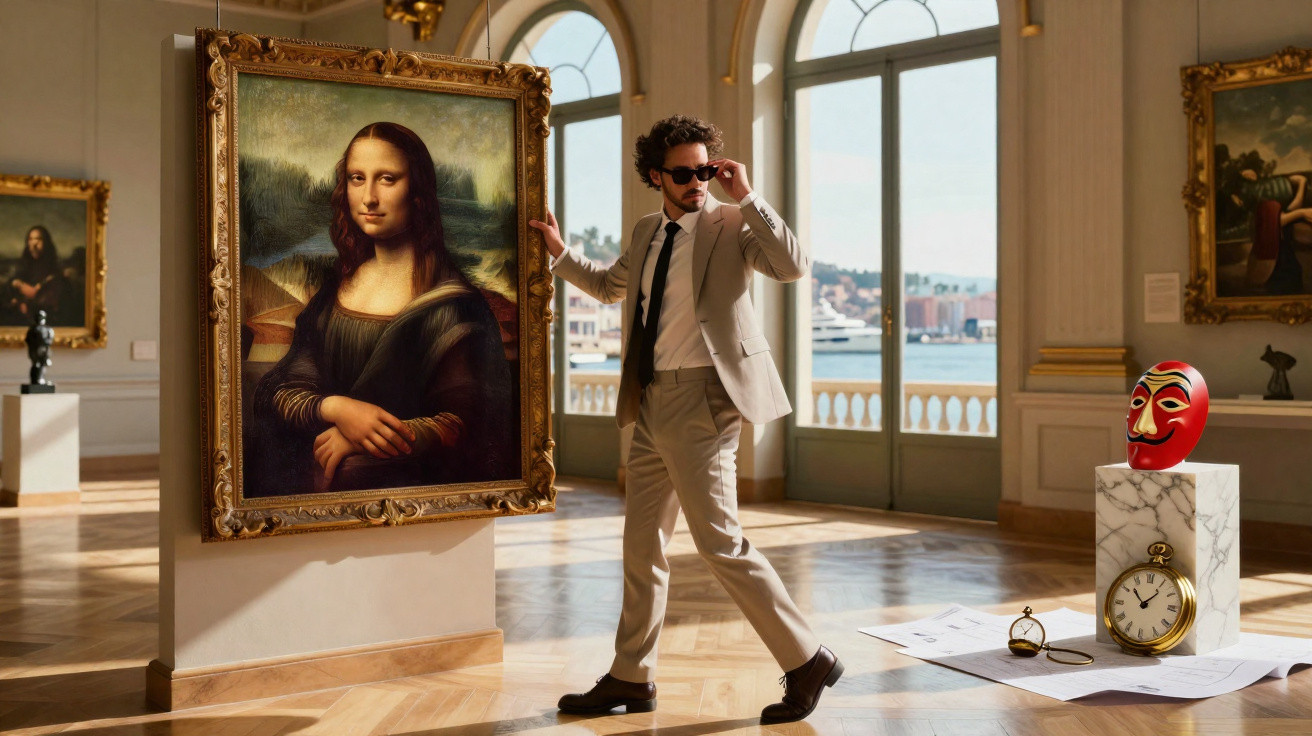 Homem de fato bege e óculos escuros ao lado do quadro Mona Lisa numa galeria com janelas grandes.