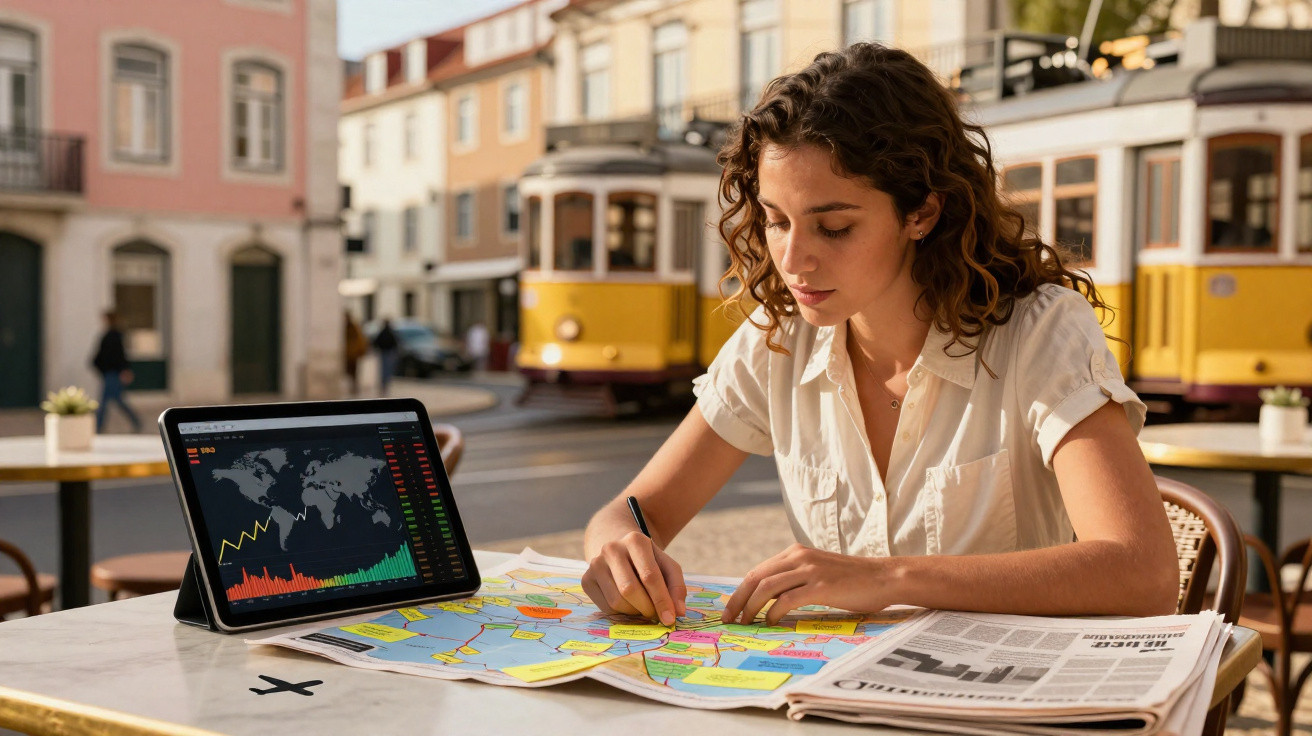 Mulher a planear viagem com mapa e tablet numa esplanada, elétricos amarelos ao fundo na rua.