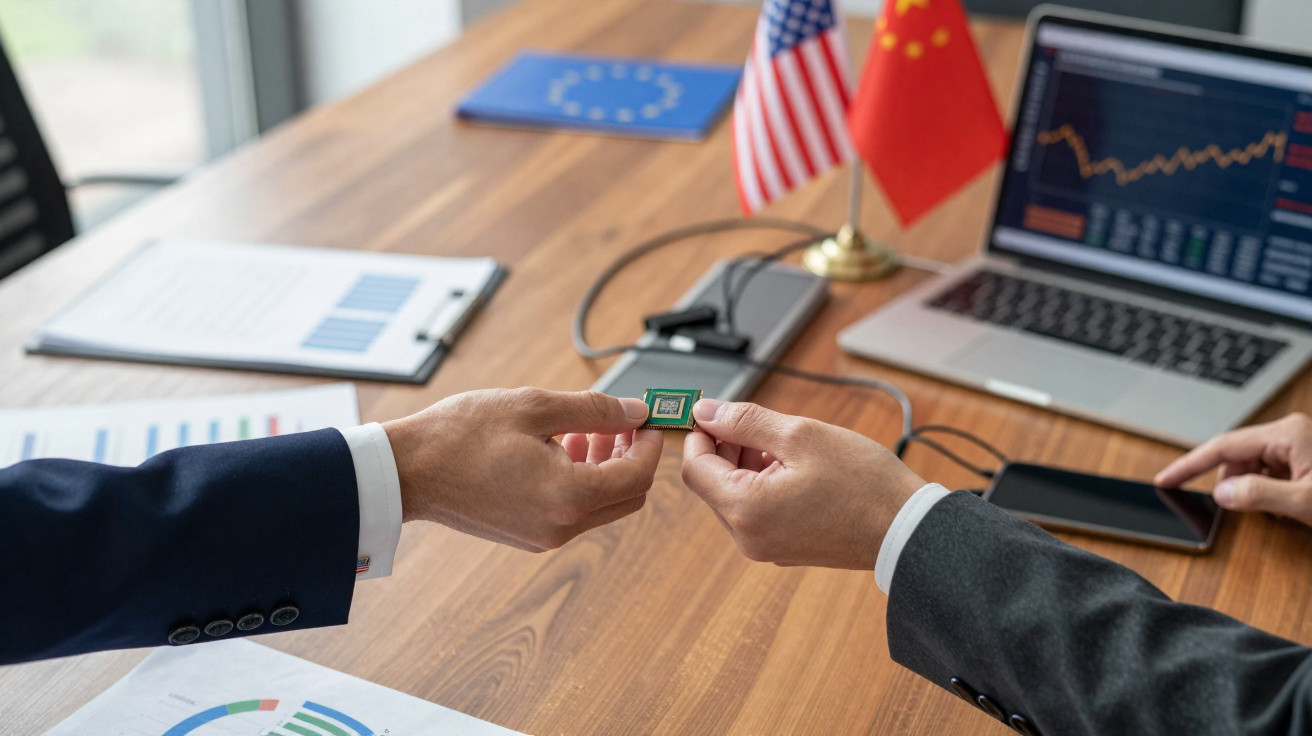 Duas pessoas de fato trocando um microchip numa mesa com gráficos, laptop e bandeiras dos EUA, China e UE.