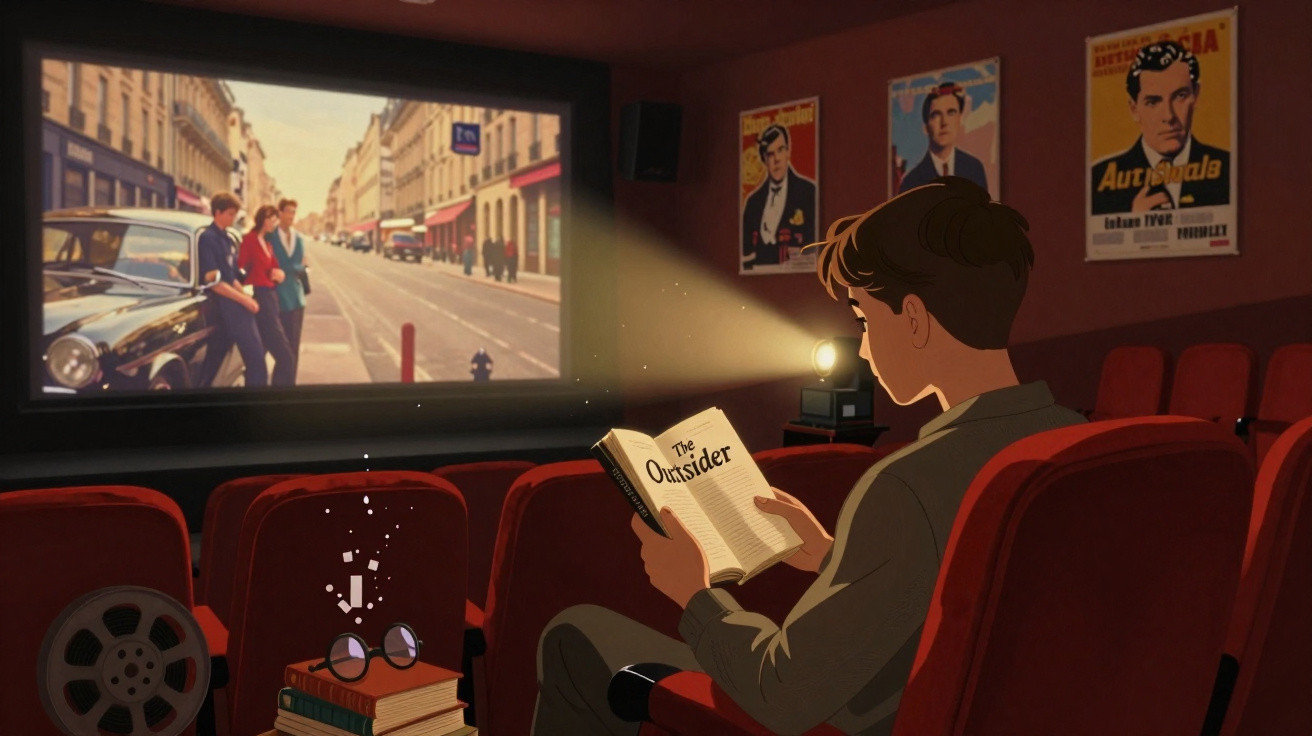 Jovem sentado numa sala de cinema vazia a ler o livro "The Outsider" durante a projeção de um filme.