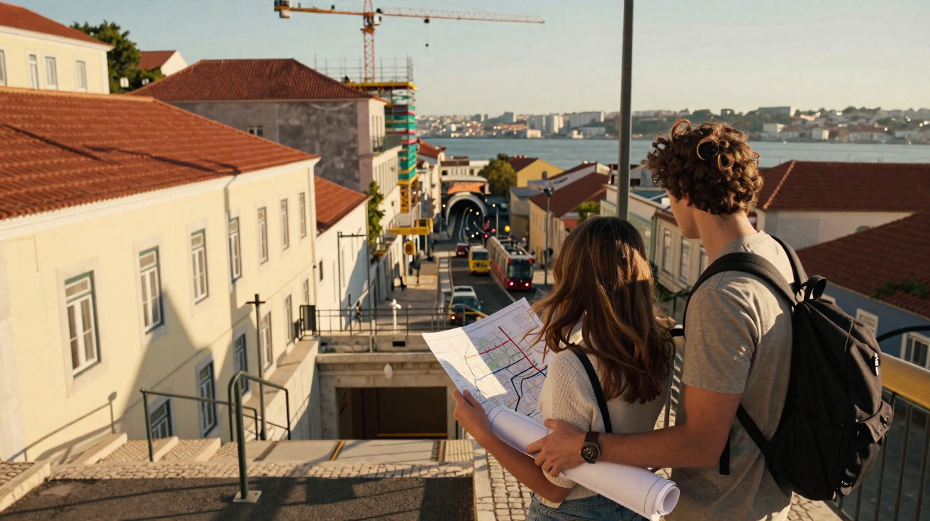 Casal jovem consulta mapa numa rua em Lisboa com elétrico e rio ao fundo ao entardecer.