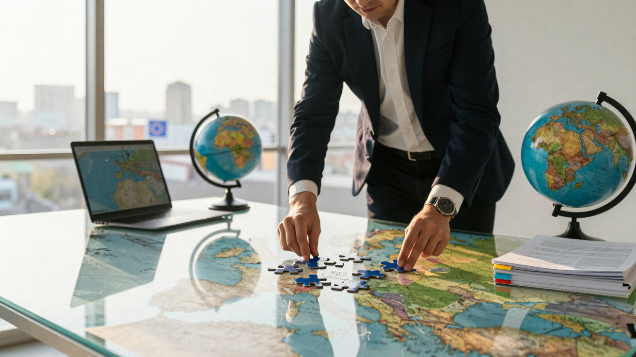 Homem de fato a montar puzzle de mapa numa mesa com globo, portátil e documentos.