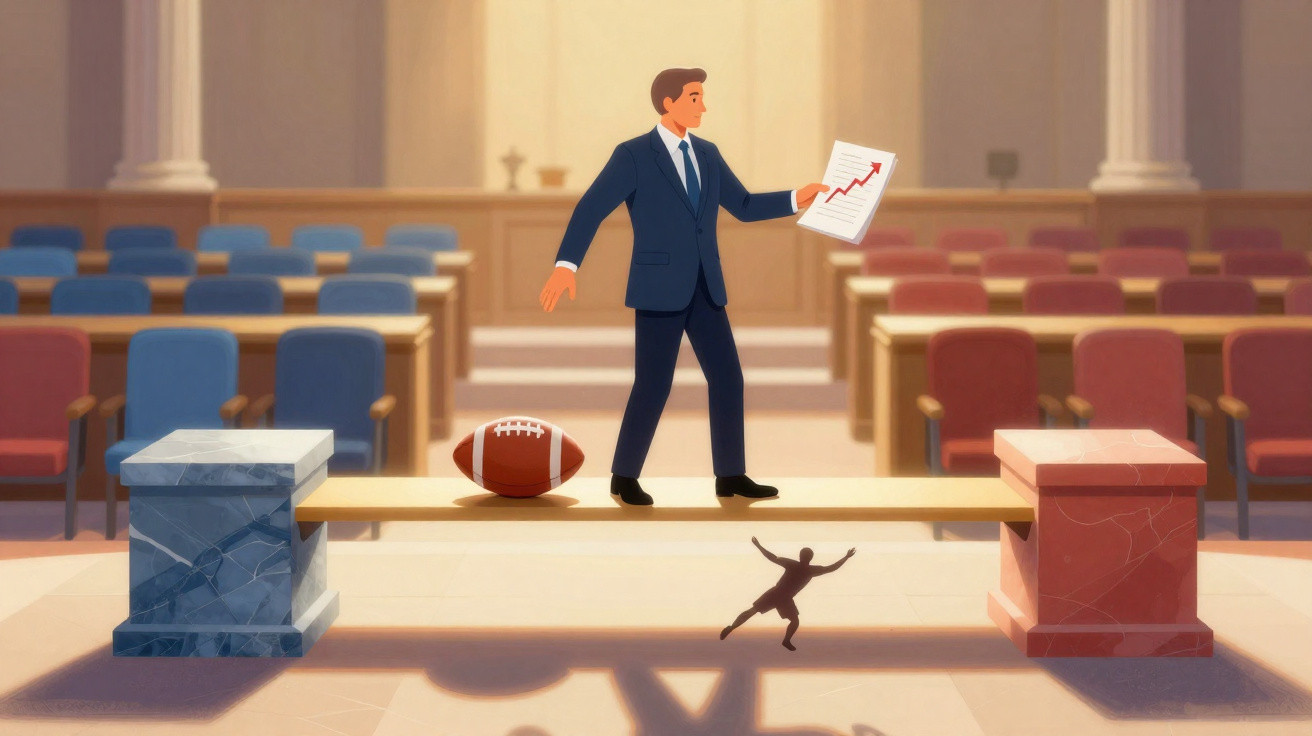 Homem de fato atravessa ponte com bola de futebol americano, segurando gráfico em sala de conferências vazia.