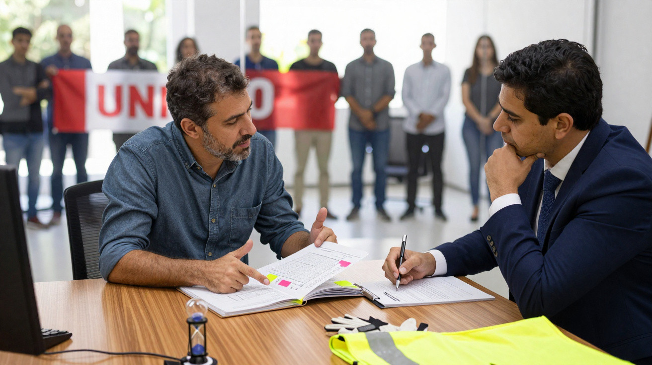 Trabalhadores discutem documentos numa mesa enquanto uma manifestação com cartaz "UNIDOS" ocorre ao fundo.