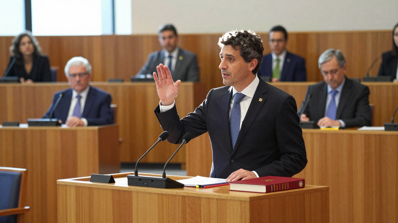 Homem em fato a prestar juramento numa sessão formal com várias pessoas sentadas ao fundo.