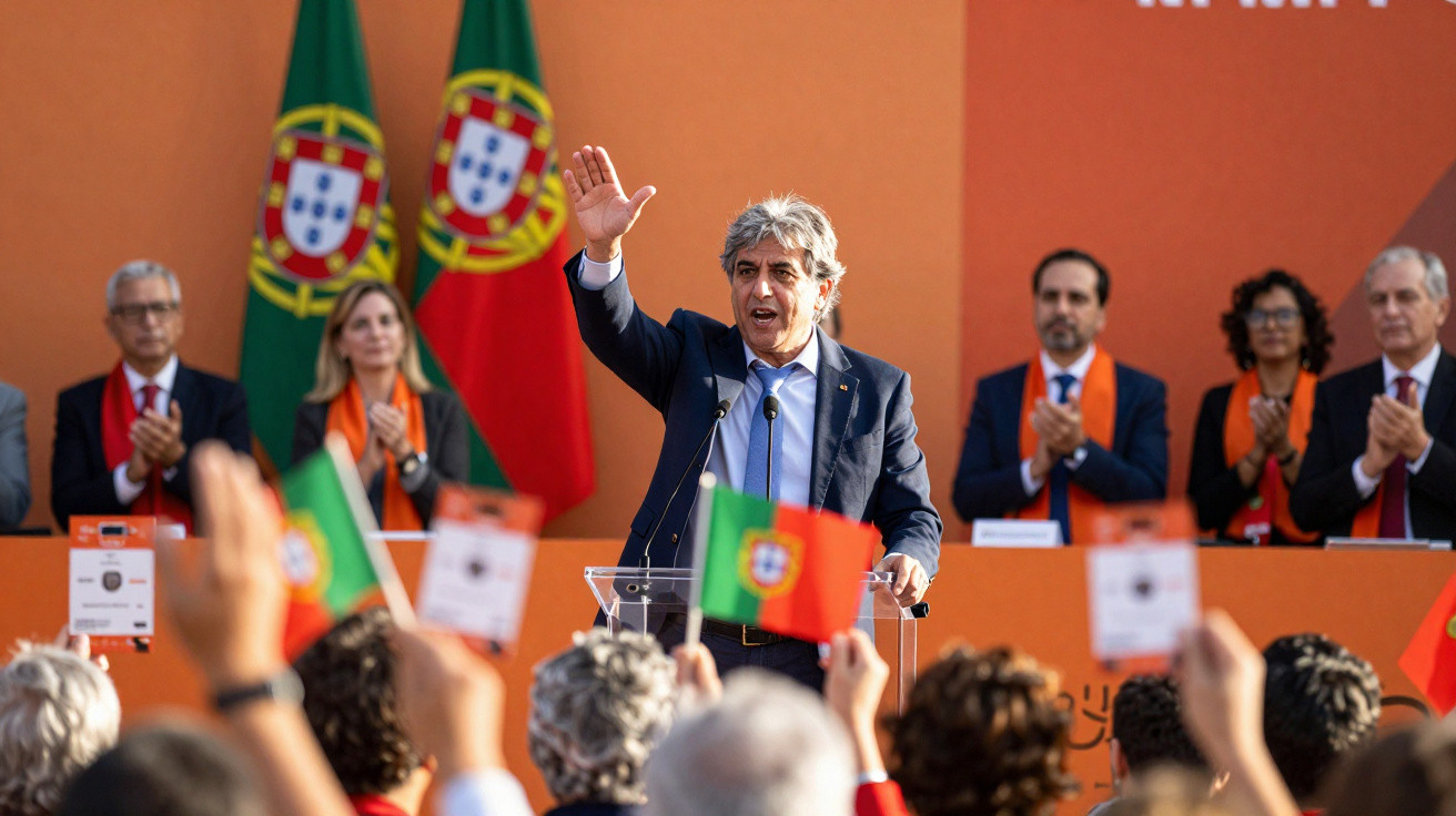 Homem a discursar em evento político com público a aplaudir e bandeiras de Portugal ao fundo.