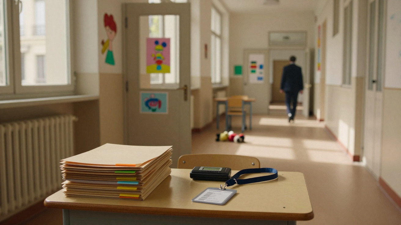 Pilha de pastas, crachá e artigos numa secretária num corredor de escola com pessoa ao fundo a caminhar.