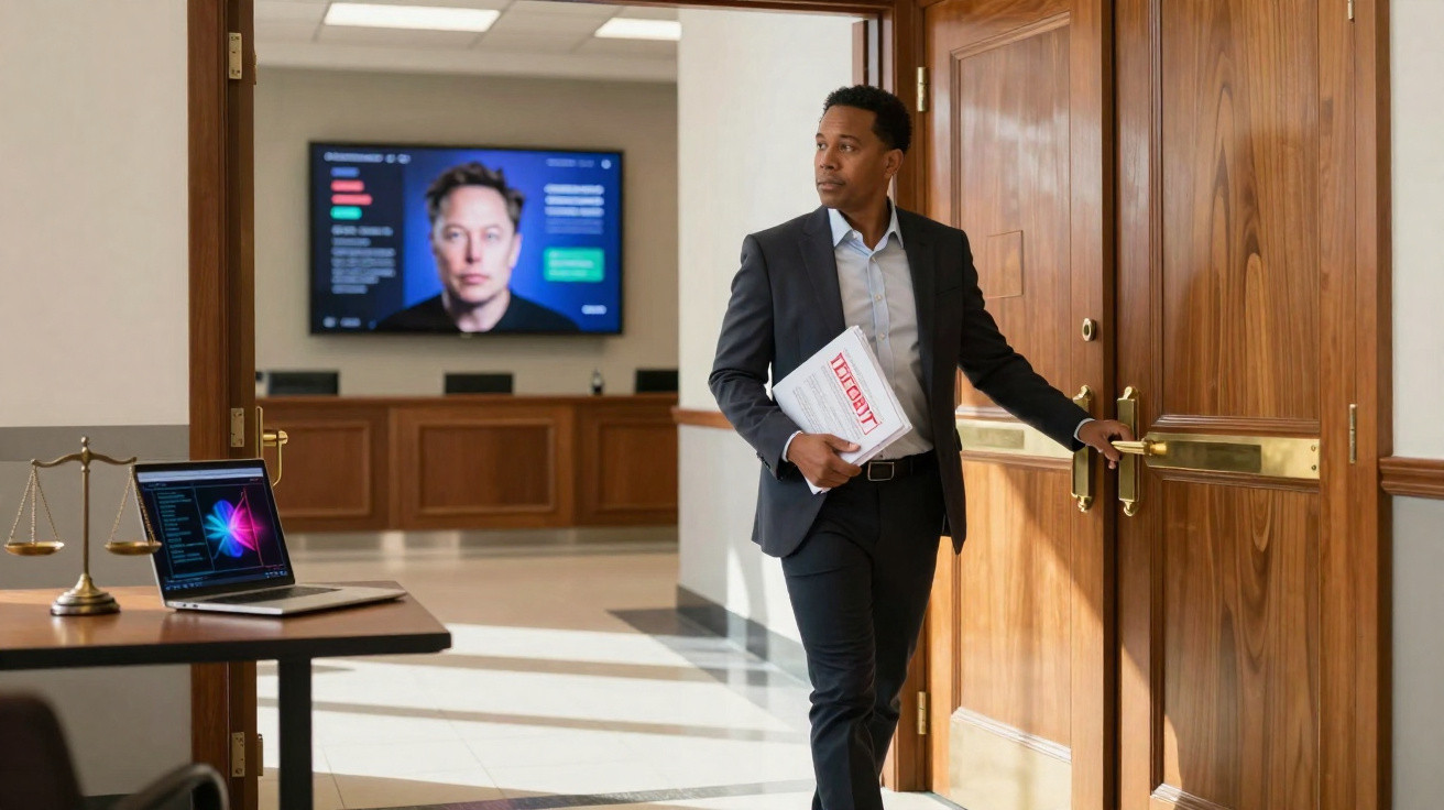 Homem de fato a abrir porta de gabinete com documento de tribunal na mão, e ecrã com rosto de Elon Musk ao fundo.