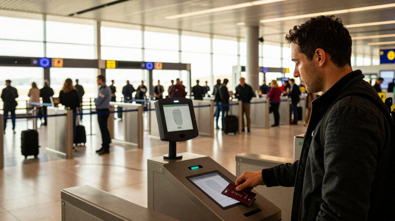 Homem utiliza leitura de impressão digital para passar no controlo de segurança num aeroporto moderno.