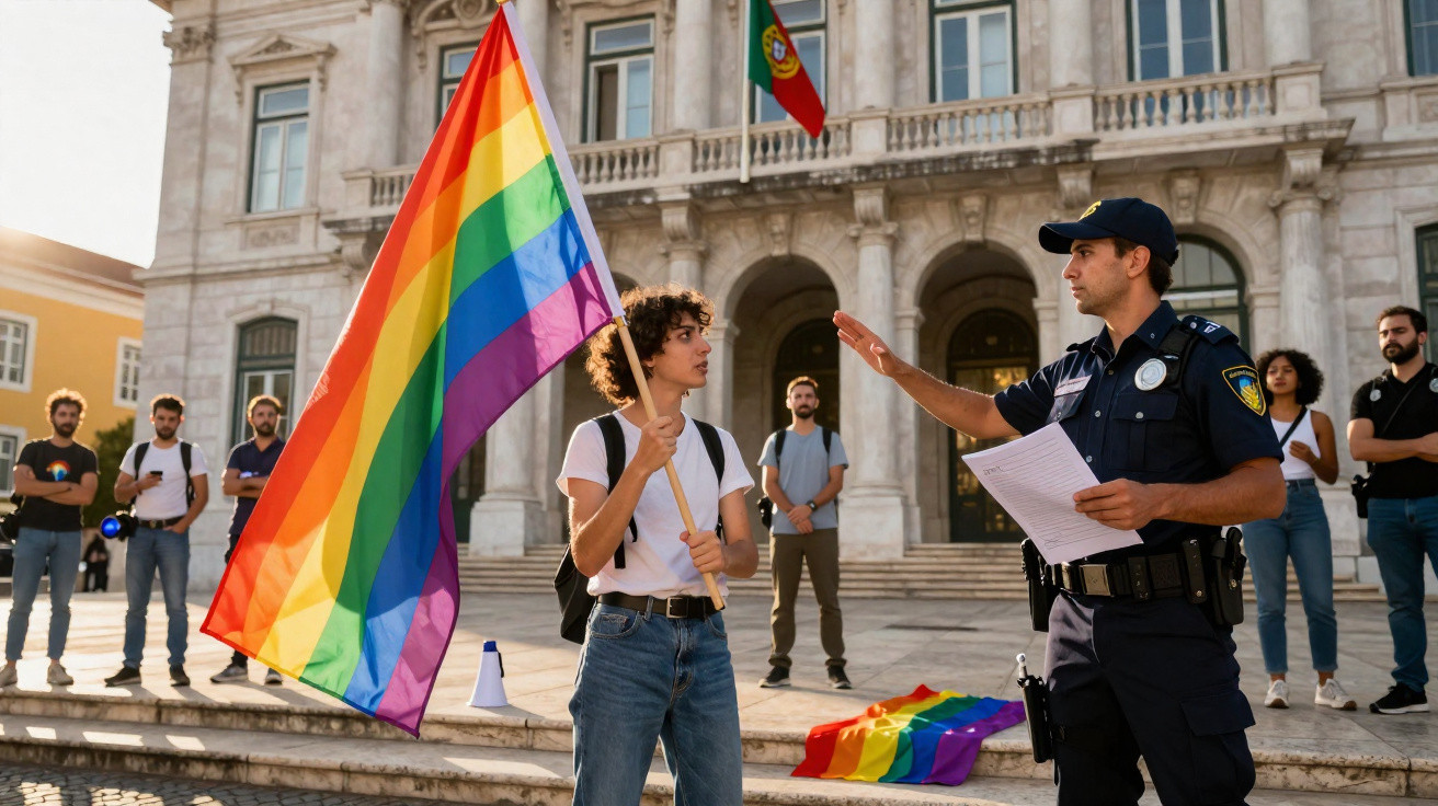 Polícia a falar com manifestante que segura bandeira arco-íris num protesto junto a edifício oficial em Portugal.