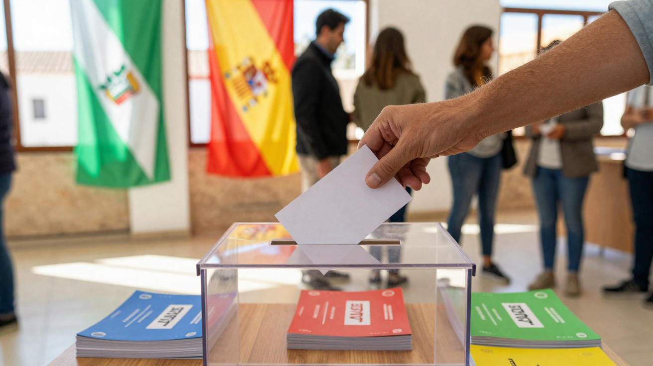 Pessoa a colocar voto numa urna transparente num local de votação com bandeiras ao fundo.