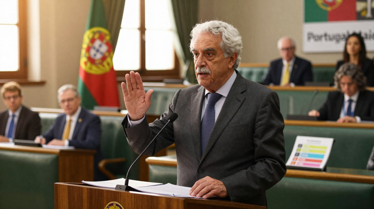 Homem idoso a jurar em cerimónia oficial numa sala com bandeira de Portugal ao fundo.