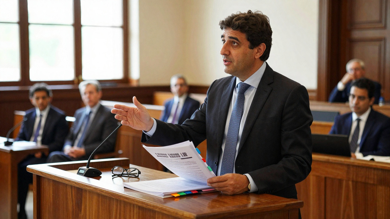 Homem de terno a apresentar documentos e falar num tribunal com várias pessoas sentadas ao fundo.