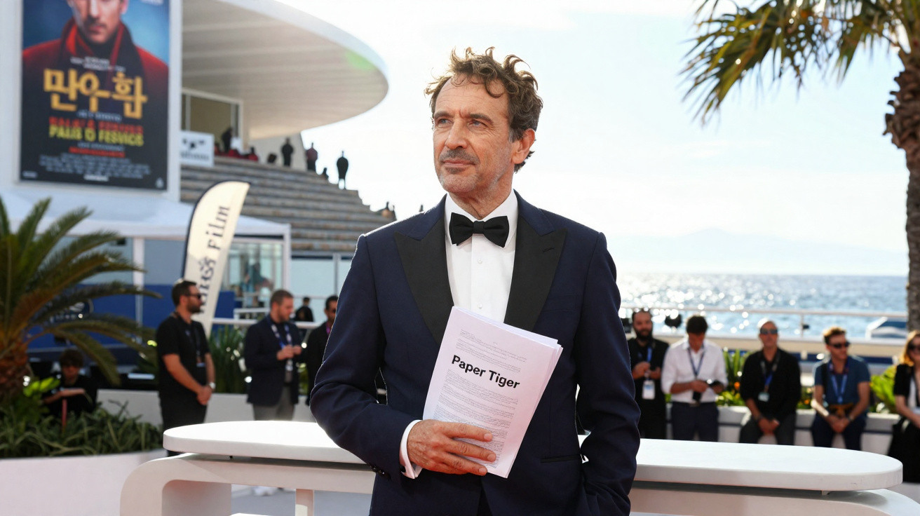 Homem de fato preto e laço segurando papel com título "Paper Tiger" em evento junto ao mar e pessoas ao fundo.