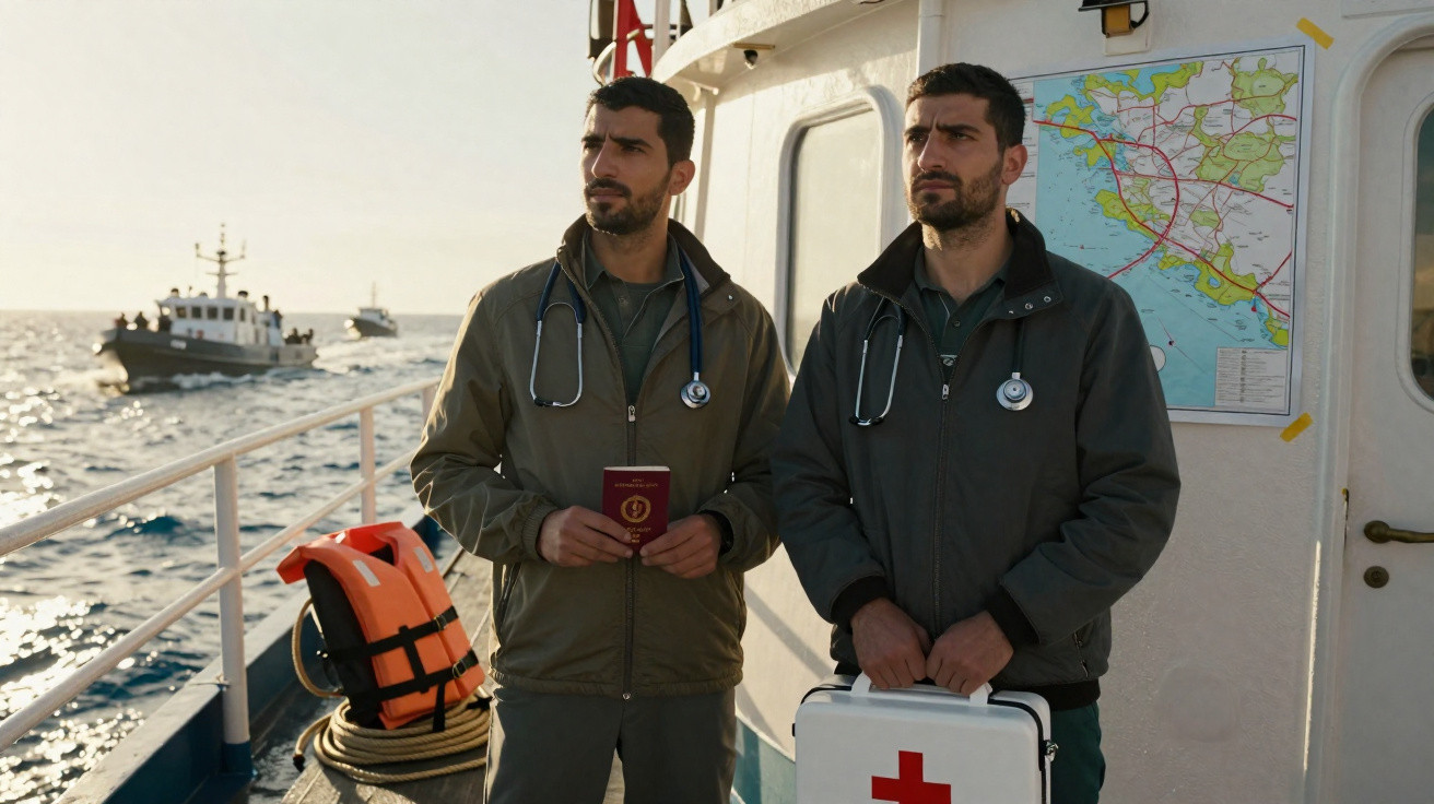 Dois homens com estetoscópios, um com passaporte e outro com mala de primeiros socorros num barco no mar.