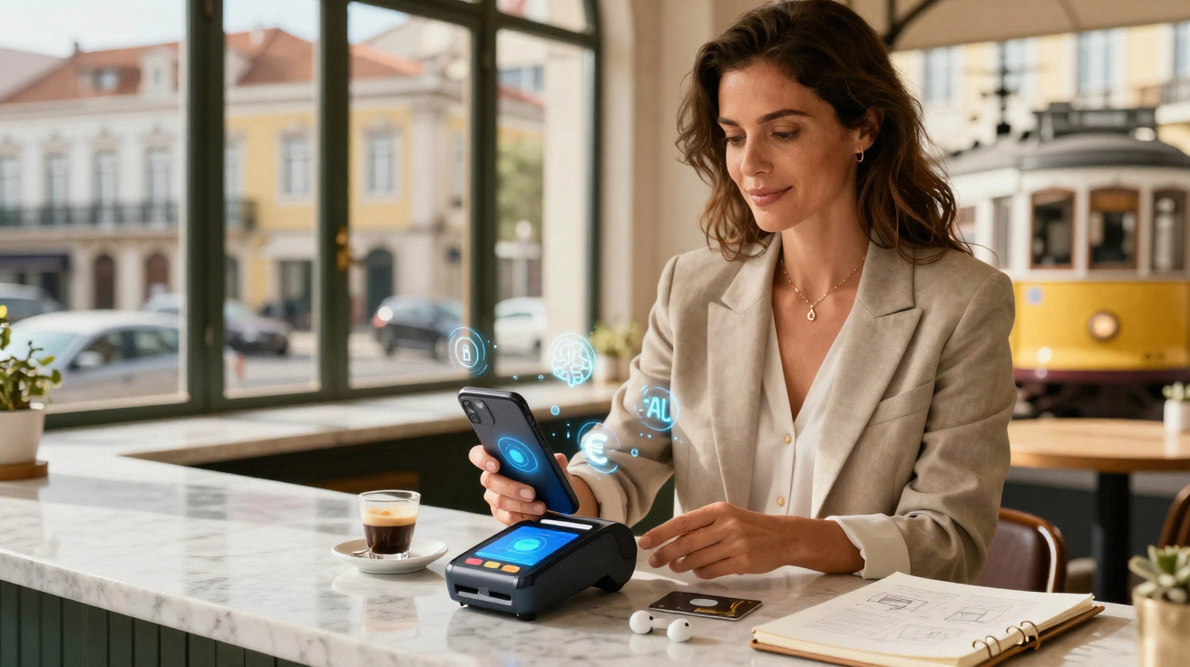 Mulher a efetuar pagamento contactless com telemóvel num café, com um elétrico amarelo ao fundo.