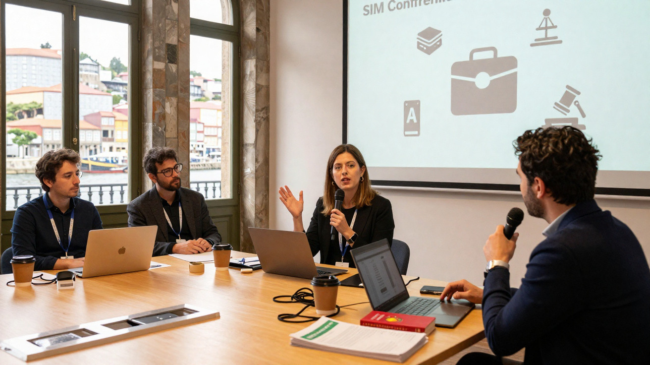 Reunião de trabalho com quatro pessoas a discutir e a usar portáteis, numa sala com janelas grandes.