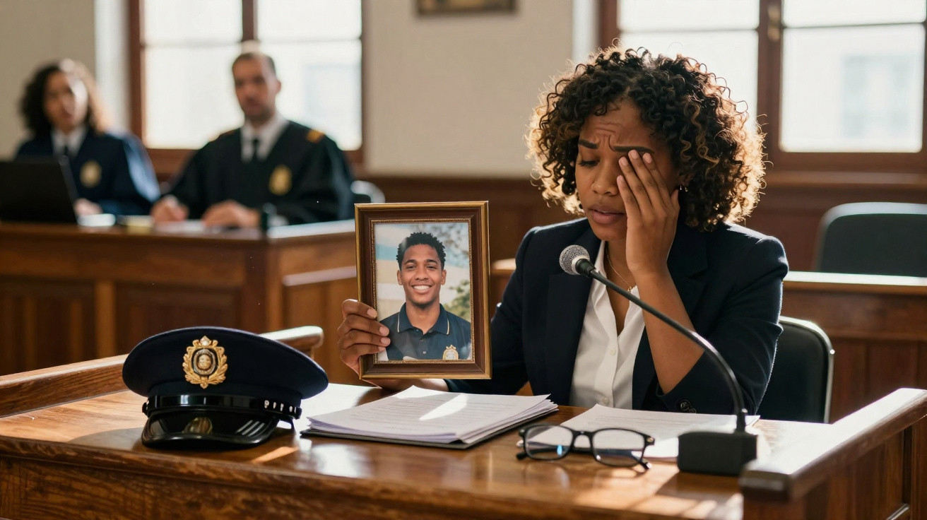 Mulher emocionada segura foto de homem em tribunal, com chapéu policial na mesa à sua frente.