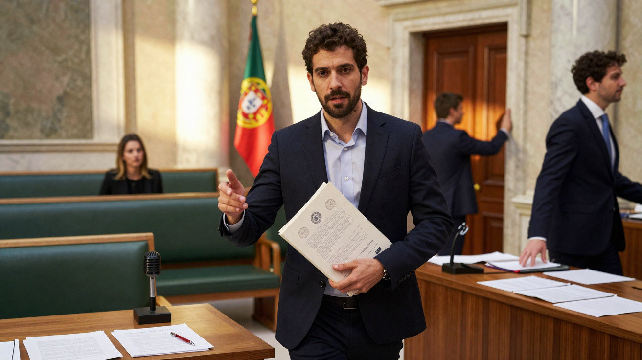 Homem de fato azul escuro com documentos em mão num edifício oficial com bandeira de Portugal ao fundo.