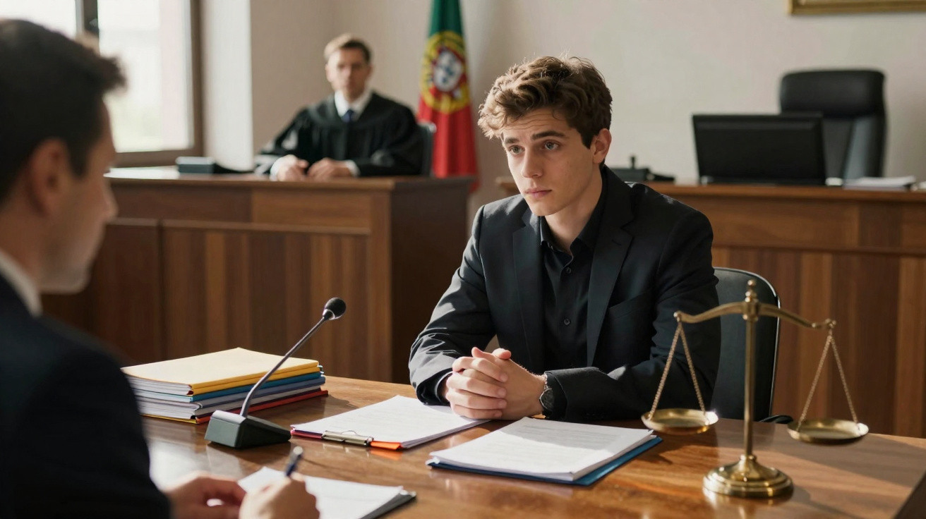 Jovem homem vestido formalmente sentado à mesa no tribunal com juiz e símbolo da balança da justiça ao fundo.