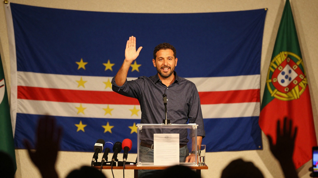 Homem levanta a mão num discurso com bandeiras de Cabo Verde e Portugal ao fundo, microfones à frente.