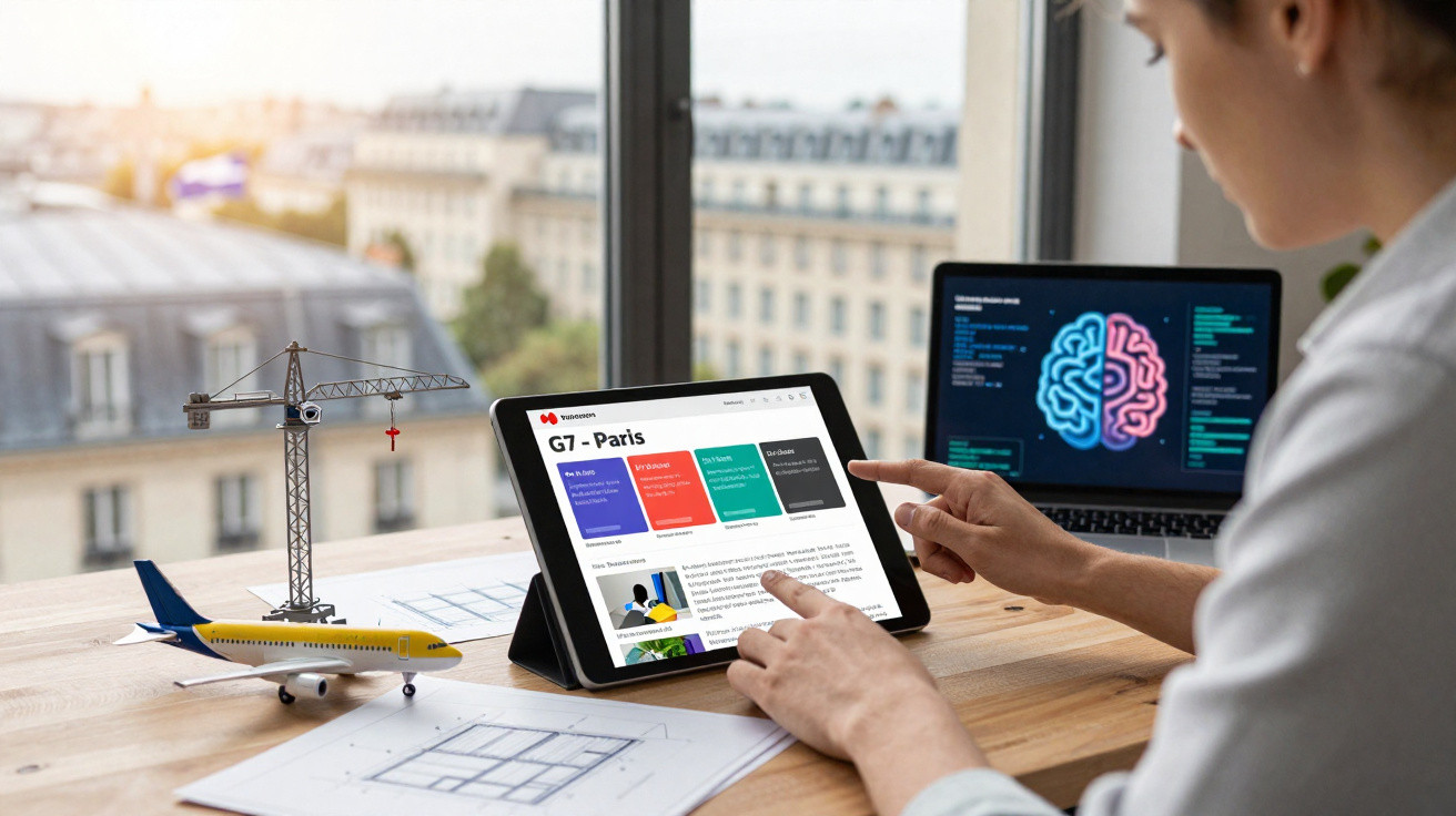 Pessoa a usar um tablet numa mesa com maquete de avião, planta arquitetónica e computador portátil ao fundo.