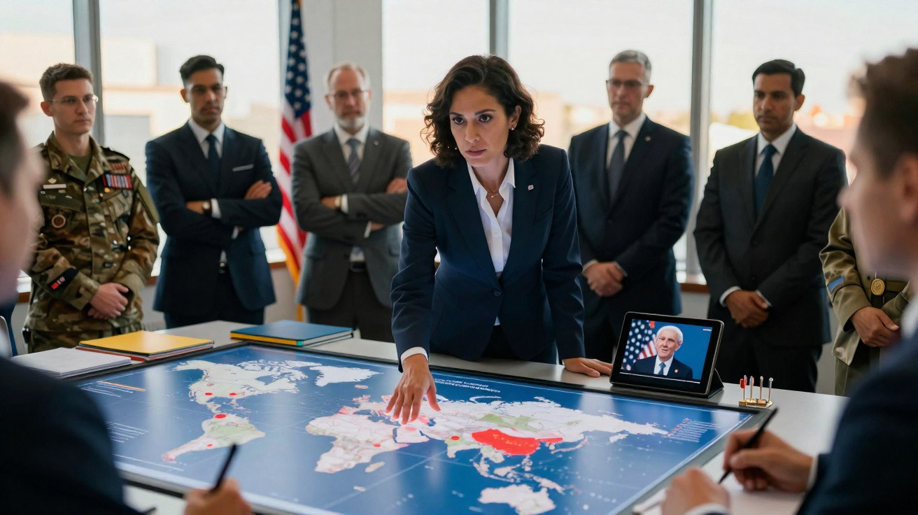Mulher em fato a liderar reunião militar e política com mapa mundial e grupo de homens atrás dela.