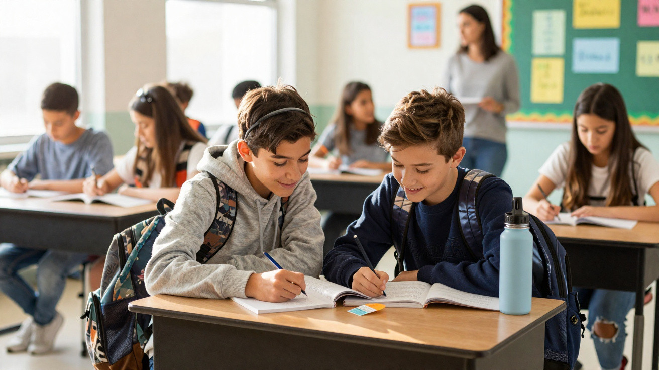 Alunos numa sala de aula a trabalhar juntos com uma professora ao fundo.