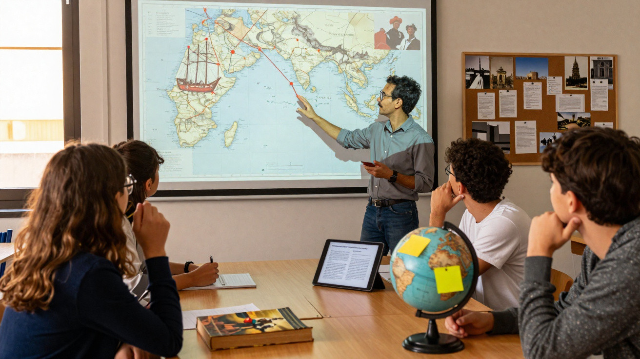 Professor aponta para mapa histórico com rotas e alunos prestam atenção em sala de aula com globo e material.