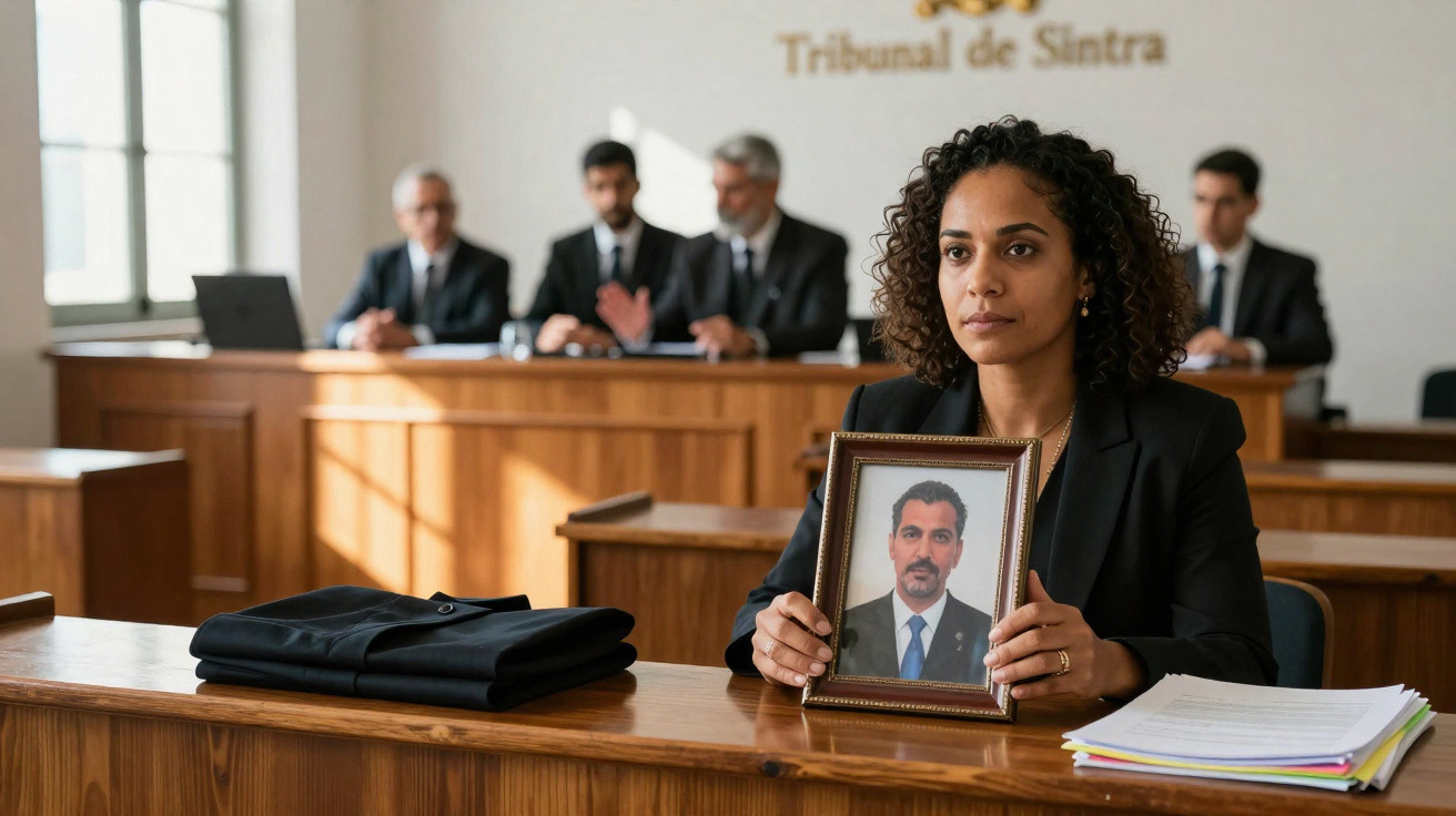 Mulher segura fotografia de homem em tribunal com juízes ao fundo, ambiente formal e sério.