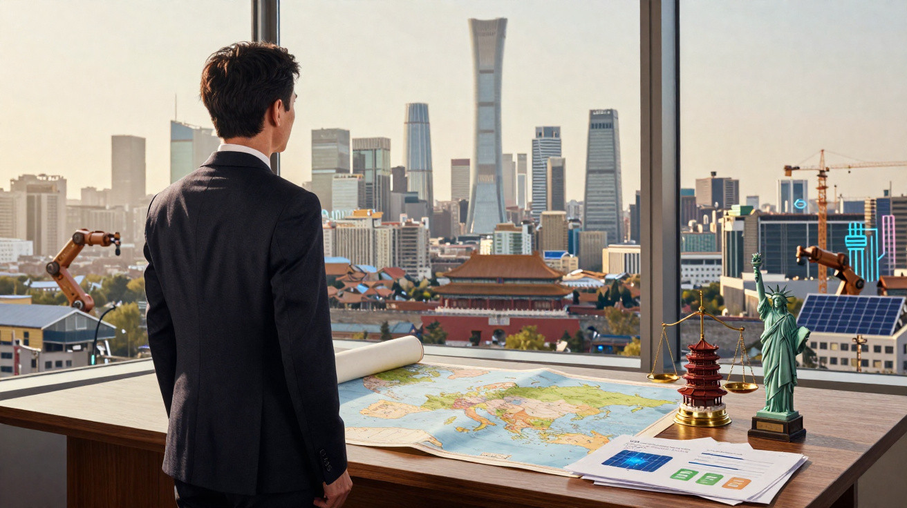 Homem de negócios observa mapa e horizonte urbano moderno com arranha-céus numa sala de escritório.