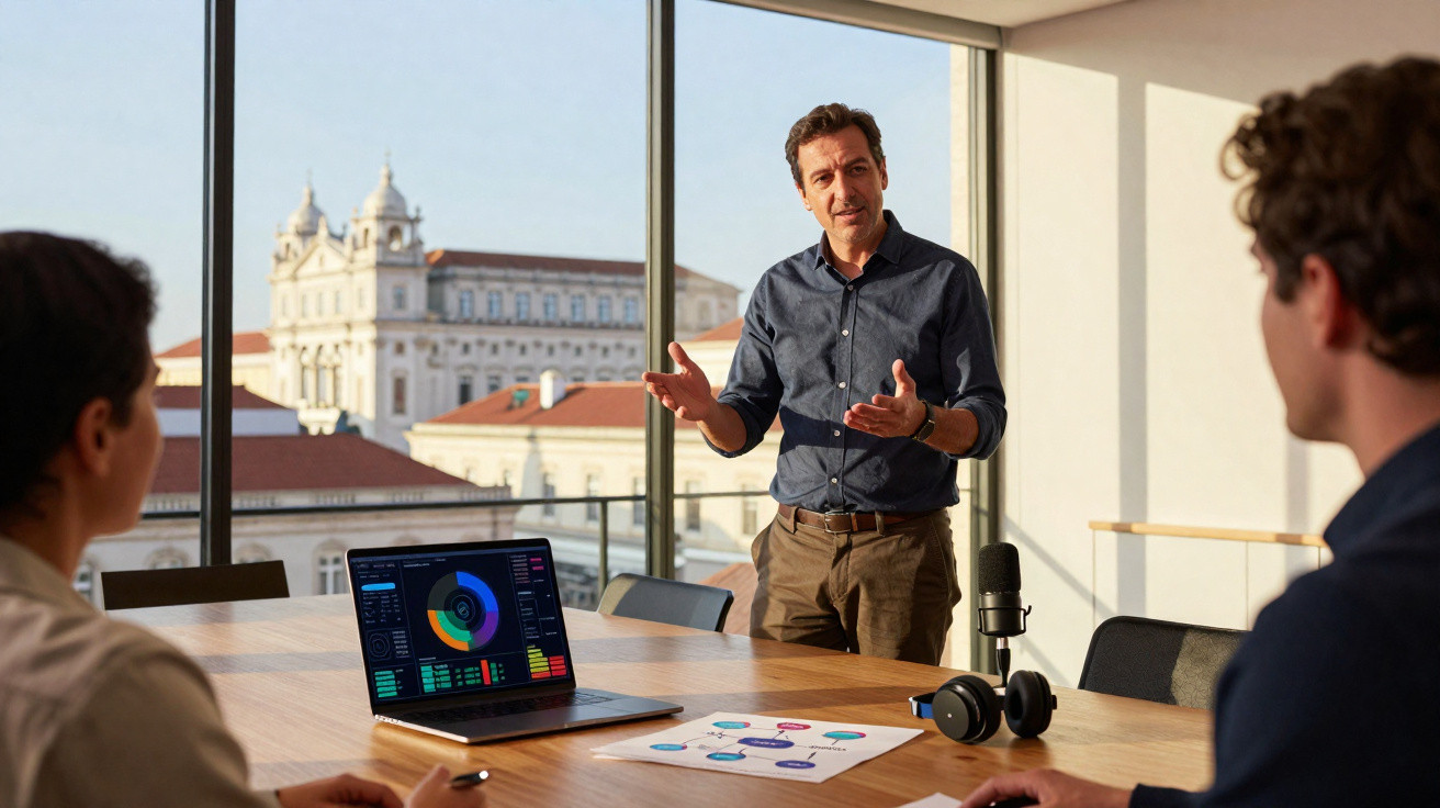 Homem em reunião apresenta dados em escritório com vista urbana e laptop aberto na mesa.