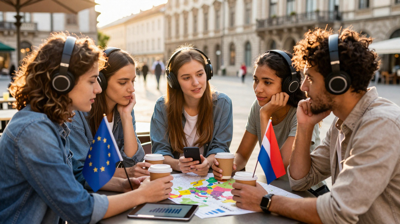 Grupo de jovens com auscultadores reunidos à mesa, a analisar um mapa e a beber café num espaço exterior.