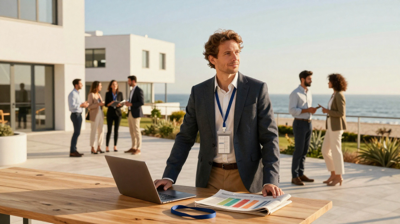 Homem de negócios junto a mesa com computador portátil e gráficos, com grupo a conversar em ambiente exterior perto do mar.