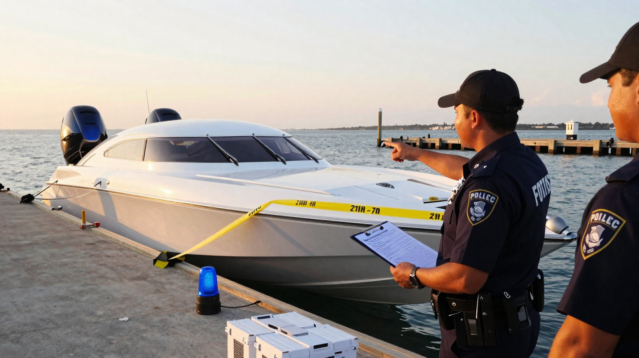 Dois polícias inspecionam um barco branco atracado num cais ao entardecer, com fita de polícia amarela.