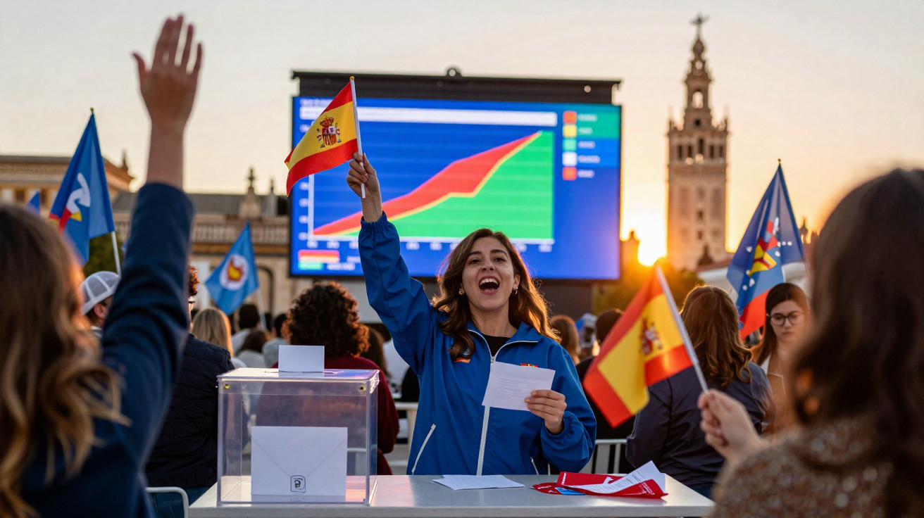 Mulher segurando bandeira de Espanha em evento ao ar livre com pessoas e painel com gráfico ao fundo.