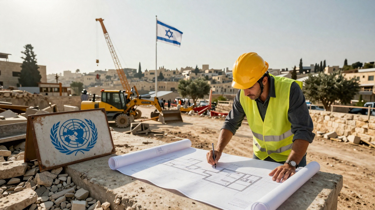 Engenheiro com capacete a analisar planta num canteiro de obras com bandeira de Israel e símbolo da ONU ao fundo.