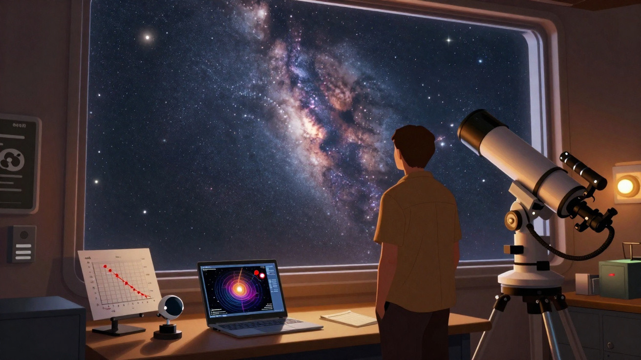 Homem observa a Via Láctea através de janela, ao lado de telescópio e computador com gráficos astronómicos.