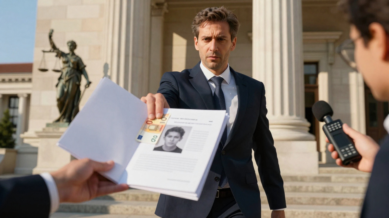 Homem de fato apresenta documento com foto a outras pessoas em frente a edifício com colunas e estátua da justiça.