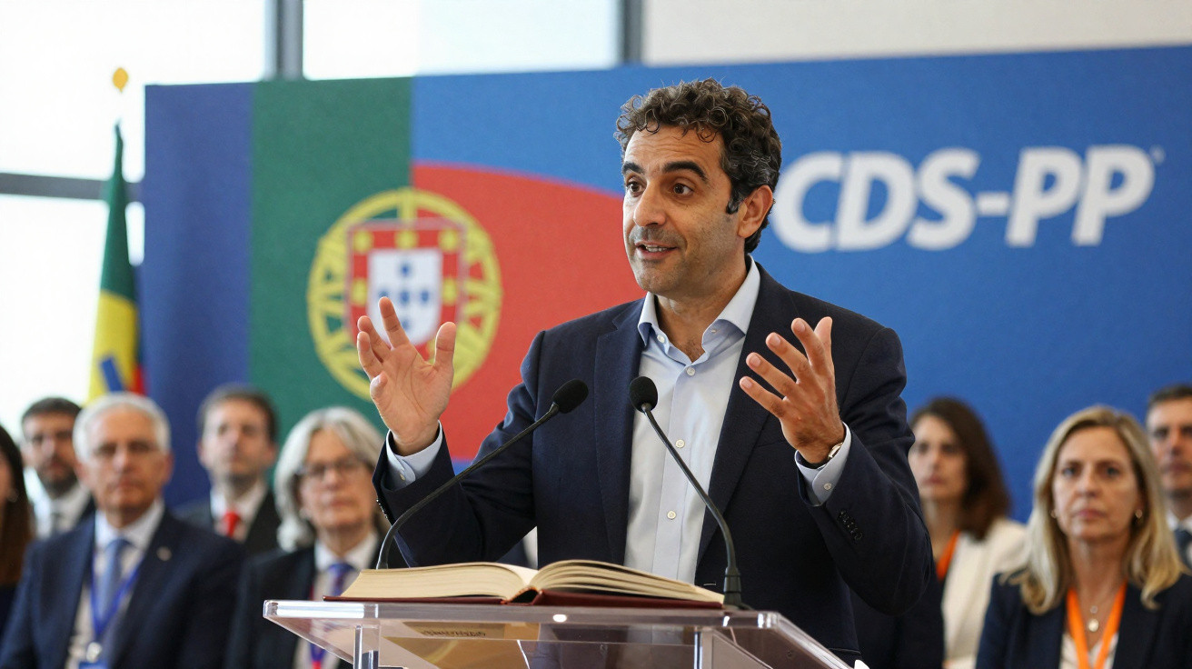 Homem a discursar em púlpito com microfones, com bandeira de Portugal e pessoas ao fundo.