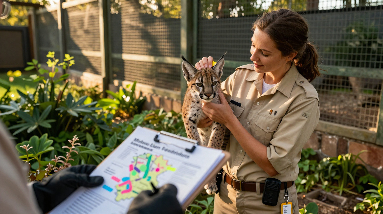 Tratadora de animais a segurar um filhote de lince-ibérico enquanto outra pessoa consulta um documento.
