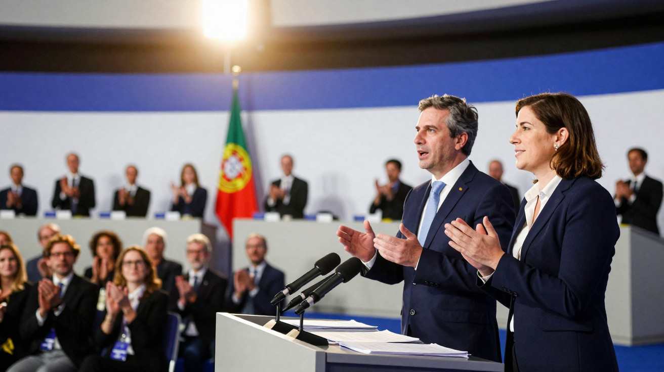 Dois oradores em traje formal a aplaudir diante de audiência e bandeira de Portugal ao fundo.