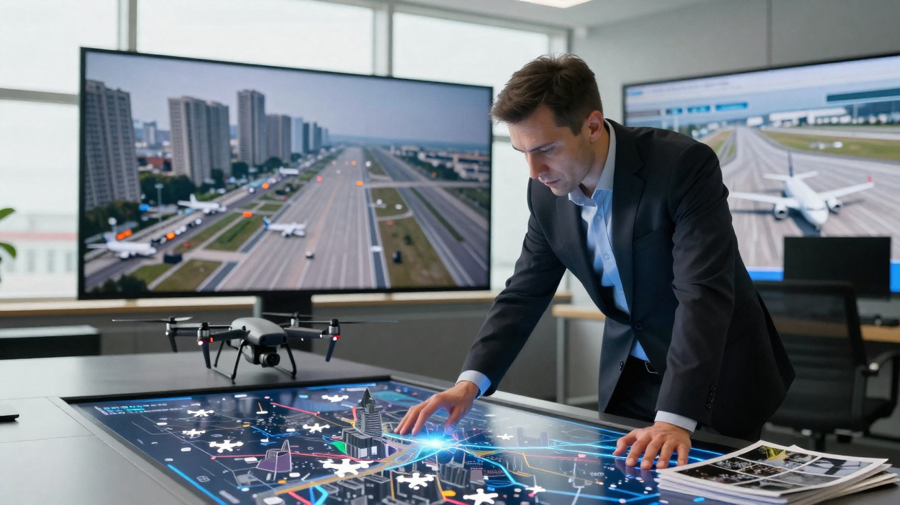Homem de fato a interagir com ecrã tátil mostrando controle de tráfego aéreo numa sala moderna com drones e monitores.