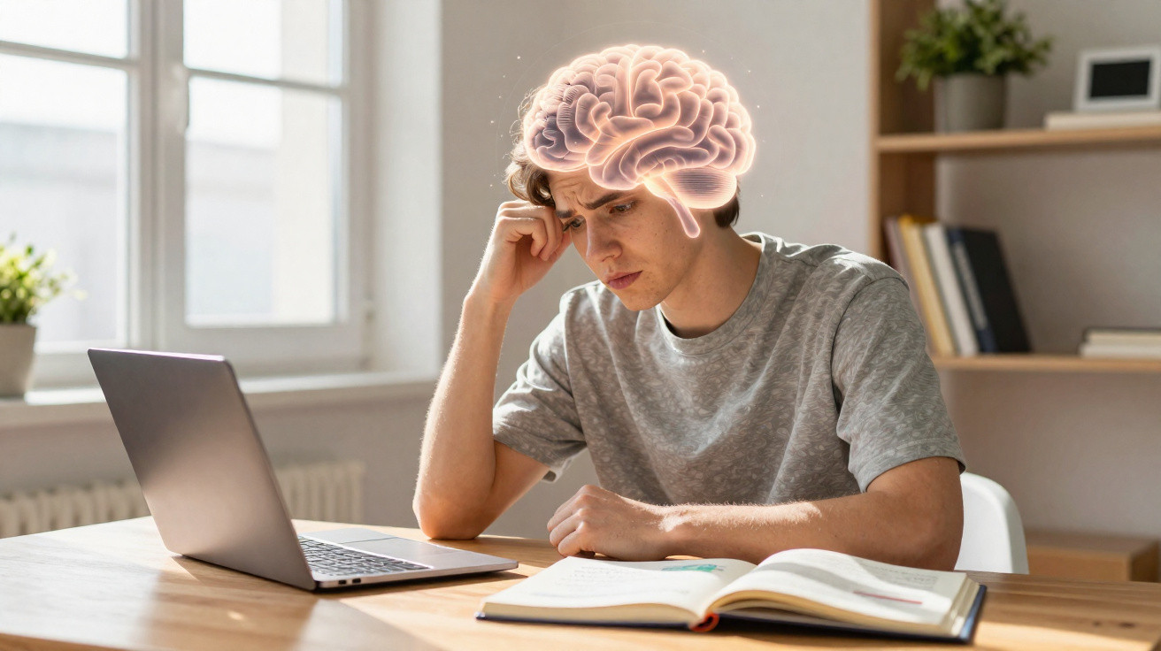 Jovem a estudar com expressão concentrada e imagem digital de cérebro iluminado sobre a cabeça.