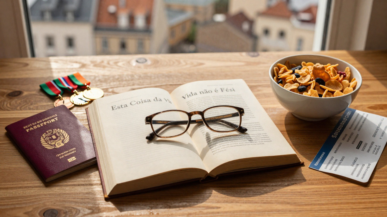 Mesa de madeira com livro aberto, óculos, passaporte, medalhas, bilhete de voo e tigela de snacks.
